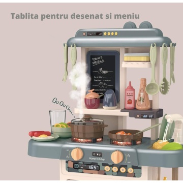 Resigilat - Bucatarie multifunctionala completa pentru copii, chiuveta cu circuit de apa, frigider, aragaz, tablita pentru notite, fructe, legume, multiple accesorii, 42 de piese in total, albastra - Img 6