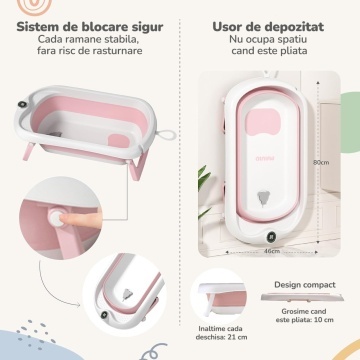 Resigilat - Cadita Pliabila pentru Bebelusi Mavio®, Model BabySpa, Reductor Ergonomic, Termometru Digital Incorporat, 0–36 Luni, 40L Capacitate, 83 cm, Dop Scurgere, Suport Dus, Picioare Antiderapante, Design Compact, Roz - Img 3