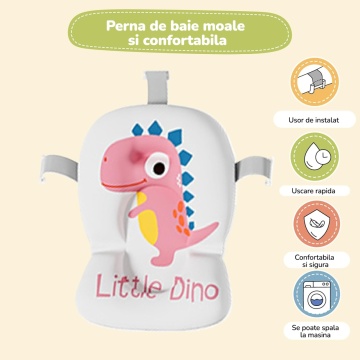 Resigilat - Cadita Pliabila pentru Bebelusi Mavio®, Model Little Dino, 0 - 36 Luni, 32 Litri, 63 cm, Perna de Baie Hipoalergenica, Termometru Incorporat, Suport Cap de Dus, Dop Scurgere, Picioare Antiderapante, Gaura Agatare, Roz (Copy 1) - Img 6