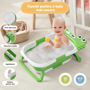 Resigilat - Cadita Pliabila pentru Bebelusi Mavio®, Model Little Dino, 0 - 36 Luni, 32 Litri, 63 cm, Perna de Baie Hipoalergenica, Termometru Incorporat, Suport Cap de Dus, Dop Scurgere, Picioare Antiderapante, Gaura Agatare, Verde - Img 2