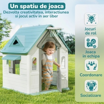 Resigilat - Casuta de Joaca pentru Copii Mavio®, Joaca 3 in 1 in Gradina, Baschet, Aruncarea Inelelor, Joc de Rol, Usa, Ferestre, Cadru Rezistent, Margini Fine, Interior si Exterior, Varsta Recomandata 2 ani+, Alb/Turcoaz - Img 3