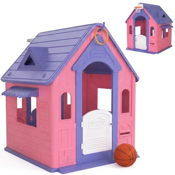 Resigilat - Casuta de Joaca pentru Copii Mavio®, Joaca 3 in 1 in Gradina, Baschet, Aruncarea Inelelor, Joc de Rol, Usa, Ferestre, Cadru Rezistent, Margini Fine, Interior si Exterior, Varsta Recomandata 2 ani+, Roz/Mov
