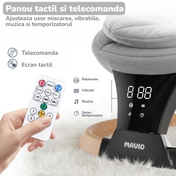 Resigilat - Leagan Electric pentru Bebelusi Mavio®, Pentru Bebelusi 0+ Luni, Greutate Maxima 9 kg, 5 Viteze de Leganare, Functie Muzica, Timer, Bluetooth, Telecomanda, Centura de Siguranta in 3 Puncte, Plasa Anti-Insecte, Cadru Rezistent, Pliabil - Img 4