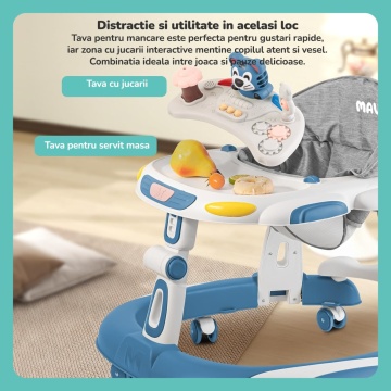 Resigilat - Premergator Copii 2 in 1 Mavio®, Model EasyRide, Rotobil pentru Bebelusi, Mod Antemergator, Varsta Recomandata 6-36 Luni, Maner, Pliabil, Inaltime Ajustabila, Jucarii Interactive, Anti Cadere, Roti 360 Grade, Masuta Mancare, Sunete, Albastru - Img 5