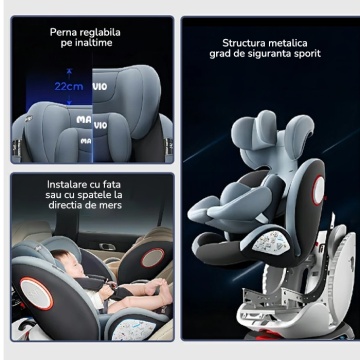 Resigilat - Scaun Auto Bebelusi Mavio®, Model Asento, 40-150 cm, 360 de grade, ISOFIX, Copii intre 0 - 12 ani, Omologat i-Size R129, Gri Inchis - Img 6