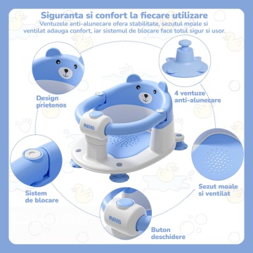 Resigilat - Scaun de Baie pentru Bebelusi Mavio®, Model Little Bear, Sistem Blocare, Varsta 6 luni+, Practic, Usor de Folosit, 4 Ventuze Fixare, Gauri Scurgere, Sezut si Spatar Confortabile, Materiale Sigure, Albastru - Img 3