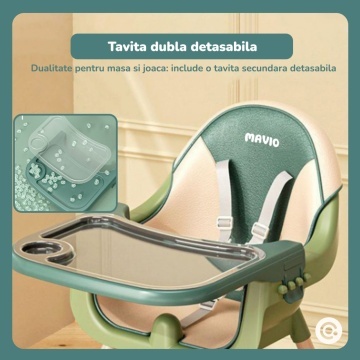 Resigilat - Scaun de Masa 3in1 pentru Bebelusi si Copii Mavio®, Model Petite, Varsta 6-36 luni, Inaltime Ajustabila, Centura de Siguranta in 5 Puncte, Tavita Reglabila si Detasabila, Loc pentru Depozitare, Verde - Img 4
