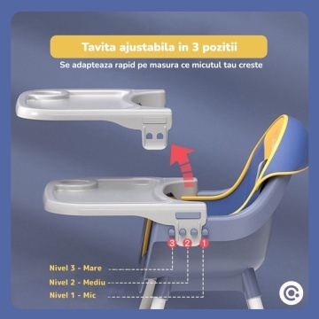 Resigilat - Scaun de Masa 3in1 pentru Bebelusi si Copii Mavio®, Model Petite, Varsta 6-36 luni, Inaltime Ajustabila, Centura de Siguranta in 5 Puncte, Tavita Reglabila si Detasabila, Loc pentru Depozitare, Albastru - Img 3