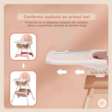 Resigilat - Scaun de Masa 3in1 pentru Bebelusi si Copii Mavio®, Model Petite, Varsta 6 - 36 luni, Inaltime Ajustabila, Centura de Siguranta in 5 Puncte, Tavita Reglabila si Detasabila, Loc pentru Depozitare, Roz - Img 5