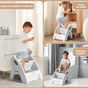 Resigilat - Scaunel Copii Mavio®, Model Little Bear, Scara cu Suprafata Antialunecare, Inaltator WC in Doua Trepte, Maner Transport, Taburet Pliabil pentru Baie, Toaleta, Chiuveta, Bucatarie, Greutate Suportata 68kg, Gri - Img 5