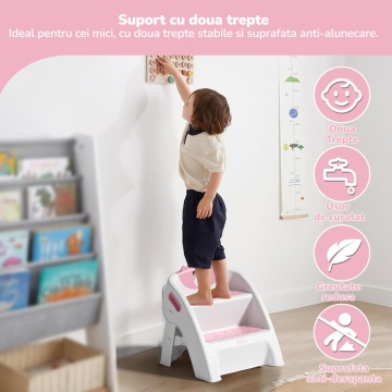 Resigilat - Scaunel Copii Mavio®, Model Little Bear, Scara cu Suprafata Antialunecare, Inaltator WC in Doua Trepte, Maner Transport, Taburet Pliabil pentru Baie, Toaleta, Chiuveta, Bucatarie, Greutate Suportata 68kg, Roz - Img 7