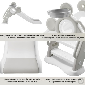 Resigilat - Tobogan Copii Mavio® cu Cos Baschet, 1–4 Ani, Panta Alunecare 115 cm, Structura HDPE Durabila, Pliabil, Stabil si Sigur, Design Ergonomic, Interior/Exterior, Dimensiuni 125x66x33 cm, Gri - Img 5