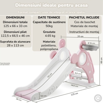 Resigilat - Tobogan Copii Mavio® cu Cos Baschet, 1–4 Ani, Panta Alunecare 115 cm, Structura HDPE Durabila, Pliabil, Stabil si Sigur, Design Ergonomic, Interior/Exterior, Dimensiuni 125x66x33 cm, Roz - Img 6