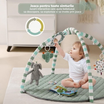 Saltea Activitati Mavio®, Centru de Joaca pentru Bebelusi 0-36 Luni, Arcada cu Jucarii Suspendate, Joc de Dezvoltare Multi-Mod, Stimulare Senzoriala, Jucarii Multiple, Dimensiune 85 x 85 x 50 cm, Verde - Img 2