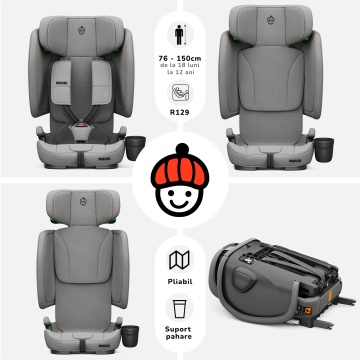 Scaun Auto Bebelusi Mavio®, Model Foldy, Unghi Reglabil, ISOFIX, Copii intre 18 luni - 12 ani, Pliabil, Spatar Rabatabil, Omologat i-Size R129, Protectie Impact Lateral, Centura de Siguranta 5 Puncte, Tetiera Reglabila, Husa Detasabila, Gri - Img 3