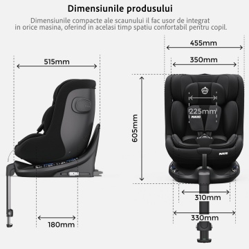 Scaun Auto Bebelusi Mavio®, Model Shield, Picior Fixare, 40-105, Rotire 360 Grade, Unghi Reglabil, ISOFIX, Copii 0 luni - 4 ani, Spatar Rabatabil, Omologat i-Size R129, Protectie Impact Lateral, Centura de Siguranta 5 Puncte, Tetiera Reglabila, Negru - Img 7