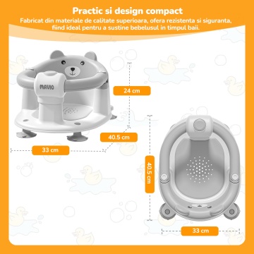 Scaun de Baie pentru Bebelusi Mavio®, Model Little Bear, Sistem Blocare, Varsta 6 luni+, Practic, Usor de Folosit, 4 Ventuze Fixare, Gauri Scurgere, Sezut si Spatar Confortabile, Materiale Sigure, Gri - Img 6