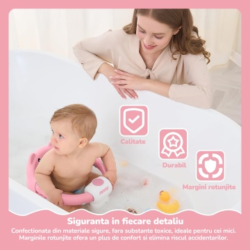 Scaun de Baie pentru Bebelusi Mavio®, Model Little Bear, Sistem Blocare, Varsta 6 luni+, Practic, Usor de Folosit, 4 Ventuze Fixare, Gauri Scurgere, Sezut si Spatar Confortabile, Materiale Sigure, Roz - Img 2