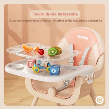 Scaun de Masa 3in1 pentru Bebelusi si Copii Mavio®, Model Petite, Varsta 6 - 36 luni, Inaltime Ajustabila, Centura de Siguranta in 5 Puncte, Tavita Reglabila si Detasabila, Loc pentru Depozitare, Roz - Img 3