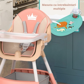 Scaun de Masa 3in1 pentru Bebelusi si Copii, Varsta 6-72 luni, Inaltime Ajustabila, Centura de Siguranta in 5 Puncte, Tavita Reglabila si Detasabila, Loc pentru Depozitare, Roz - Img 8