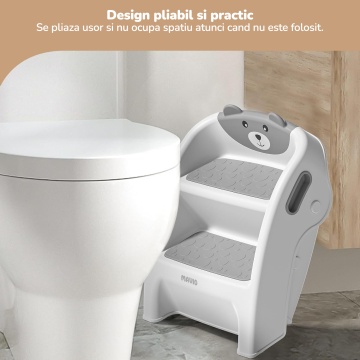 Scaunel Copii Mavio®, Model Little Bear, Scara cu Suprafata Antialunecare, Inaltator WC in Doua Trepte, Maner Transport, Taburet Pliabil pentru Baie, Toaleta, Chiuveta, Bucatarie, Greutate Suportata 68kg, Gri - Img 8