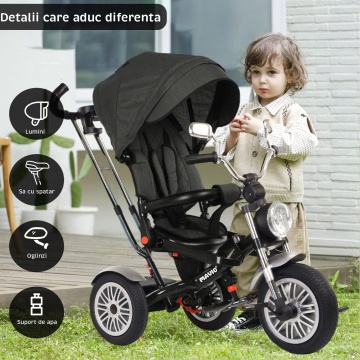 Tricicleta pentru Copii Mavio®, Pozitie de Somn, Centura de Siguranta, Far cu Lumina, Oglinzi, Cauciucuri Spuma EVA, Greutate Maxima Admisa 25kg, Negru - Img 4