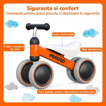 Bicicleta de Echilibru Mavio®, Pentru Copii 12-24 Luni, Greutate Maxima 15 kg, Cadru din Otel Carbon, Roti EVA + PP, Sa Confortabila, Ghidon Stabil, Design Usor si Compact, Ajuta la Dezvoltarea Echilibrului si Coordonarii, Culoare Portocaliu - Img 5