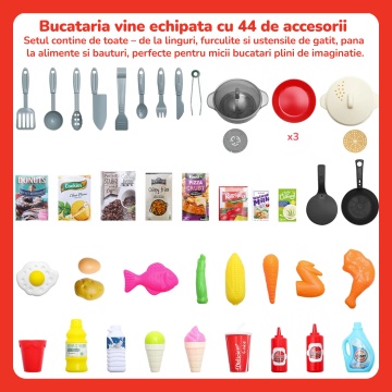 Bucatarie pentru Copii Mavio®, Simulare Gatit, Chiuveta cu Circuit Apa, Aragaz cu Aburi, Hota Interactiva, 77 piese, Inaltime 83, Lumini si Sunete Realiste, Ustensile Preparare Mancare, Portocaliu - Img 5