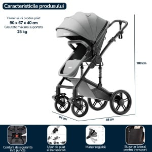 Carucior 2 in 1 pentru Bebelusi Mavio® Explorer, Landou Reversibil, Roti Cauciuc cu Suspensie, Greutate Maxima 25 kg, Tip Troller, Centura, 0 - 36 luni, Gri - Img 3
