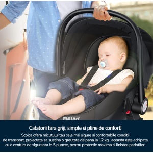 Carucior 3 in 1 pentru Bebelusi Mavio® Adventure, Landou Reversibil, Scoica Copii, Roti cu Suspensie, Greutate Maxima 25 kg, Pliabil, Tip Troller, Centura, 0 - 36 luni, Negru - Img 5