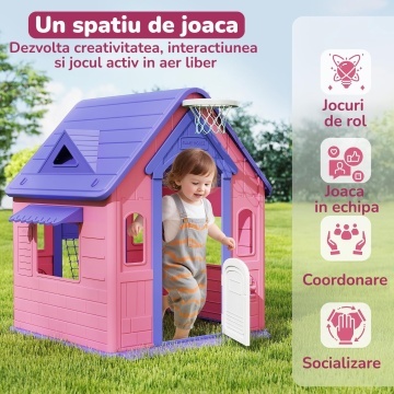 Casuta de Joaca pentru Copii Mavio®, Joaca 3 in 1 in Gradina, Baschet, Aruncarea Inelelor, Joc de Rol, Usa, Ferestre, Cadru Rezistent, Margini Fine, Interior si Exterior, Varsta Recomandata 2 ani+, Roz/Mov - Img 3