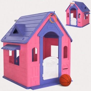 Casuta de Joaca pentru Copii Mavio®, Joaca 3 in 1 in Gradina, Baschet, Aruncarea Inelelor, Joc de Rol, Usa, Ferestre, Cadru Rezistent, Margini Fine, Interior si Exterior, Varsta Recomandata 2 ani+, Roz/Mov