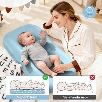 Cosulet Bebelus pentru Dormit Mavio®, Baby Lounger, Pentru Bebelusi 0-12 Luni, Material 100% Bumbac, Design Ergonomic, Spatiu Confortabil pentru Odihna si Relaxare, Usor de Folosit Acasa sau in Calatorii, Albastru - Img 6