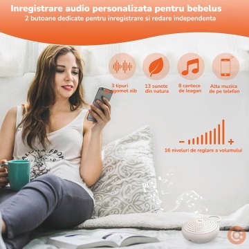 Dispozitiv Sunete Albe Portabil Mavio® pentru Bebelusi si Adulti, 24 Sunete Relaxante, 2 Functii Inregistrare, Bluetooth, 7 Culori Ambientale, Lumina Veghe, Baterie Reincarcabila 2000 mAh, Difuzor 3W, Temporizator 30/60/90 min, Lumina de Noapte, Alb - Img 3