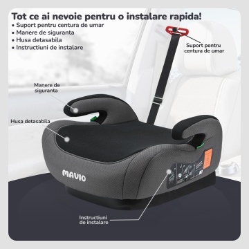 Inaltator Auto pentru Bebelusi si Copii Mavio®, Model RideUp, Fixare Centura Masina, Certificat R129, i-Size, 125-150cm, Gri Inchis - Img 3