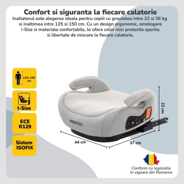 Inaltator Auto pentru Bebelusi si Copii Mavio®, Model RideUp Plus, ISOFIX, Certificat R129, i-Size, Cotiere, 125-150cm, Gri Deschis - Img 2
