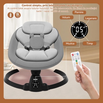 Leagan Electric Mavio®, Balansoar Bebelusi 0-9 luni, Copertina Detasabila, Plasa Tantari, Bara Jucarii, Functie Temporizator, 5 Trepte, Telecomanda, Bluetooth, Centura de Siguranta, Control Tactil, 10 Melodii, Greutate Suportata 9 kg, Gri - Img 3
