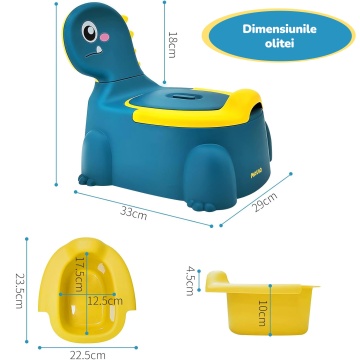 Olita pentru Copii Mavio®, Model Dinozaur, Colac Moale, Design Ergonomic, Non-Toxic, Varsta 1-6 Ani, Compartiment Detasabil, Maner Transport, Usor de Curatat, Picioare Anti-derapante, Albastru - Img 6