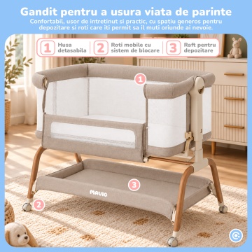 Patut Co-Sleeper Mavio®, pentru Bebelusi 0-6 Luni, Greutate Maxima 15 kg, 6 Trepte de Reglare a Inaltimii 43-57 cm, Laterale din Plasa 360°, Cadru Rezistent din Fier, Material din Tesatura de In, Bej - Img 5