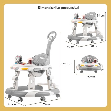 Premergator Copii 2 in 1 Mavio®, Model EasyRide, Rotobil pentru Bebelusi, Mod Antemergator, Varsta Recomandata 6-36 Luni, Maner, Pliabil, Inaltime Ajustabila, Jucarii Interactive, Anti Cadere, Roti 360 Grade, Masuta Mancare Bebe, Tavita cu Sunete, Gri - Img 7