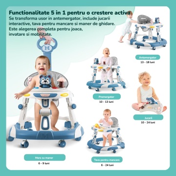 Premergator Copii 2 in 1 Mavio®, Model EasyRide, Rotobil pentru Bebelusi, Mod Antemergator, Varsta Recomandata 6-36 Luni, Maner, Pliabil, Inaltime Ajustabila, Jucarii Interactive, Anti Cadere, Roti 360 Grade, Masuta Mancare Bebe, Tavita Sunete, Albastru - Img 4