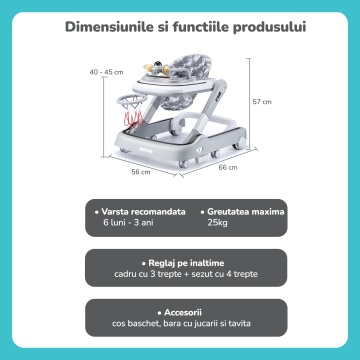 Premergator Copii 2 in 1 Mavio®, Model MyRide, Rotobil pentru Bebelusi, Mod Antemergator, Varsta Recomandata 3-36 Luni, Pliabil, Inaltime Ajustabila, Jucarii Interactive, Anti Cadere, Roti 360 Grade, Masuta Mancare, Tavita, Cos Baschet, Gri - Img 2