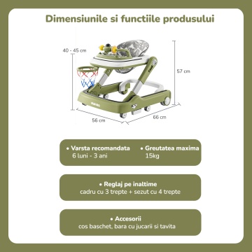 Premergator Copii 2 in 1 Mavio®, Model MyRide, Rotobil pentru Bebelusi, Mod Antemergator, Varsta Recomandata 3-36 Luni, Pliabil, Inaltime Ajustabila, Jucarii Interactive, Anti Cadere, Roti 360 Grade, Masuta Mancare, Tavita, Cos Baschet, Verde - Img 2