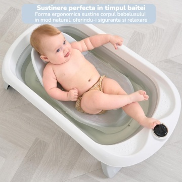 Resigilat - Cadita Pliabila pentru Bebelusi Mavio®, Model BabySpa, Reductor Ergonomic, Termometru Digital Incorporat, 0–36 Luni, 40L Capacitate, 83 cm, Dop Scurgere, Suport Dus, Picioare Antiderapante, Design Compact, Gri - Img 8