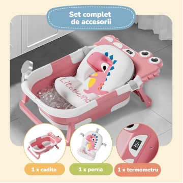 Resigilat - Cadita Pliabila pentru Bebelusi Mavio®, Model Little Dino, 0 - 36 Luni, 32 Litri, 63 cm, Perna de Baie Hipoalergenica, Termometru Incorporat, Suport Cap de Dus, Dop Scurgere, Picioare Antiderapante, Gaura Agatare, Roz (Copy 1) - Img 3