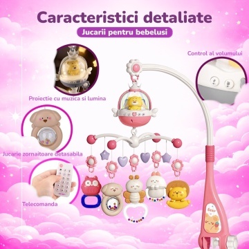Resigilat - Carusel Muzical pentru Patut Mavio®, Model Little Bear, Proiector Lumini pentru Bebelusi, Sunete Albe & Cantece de Leagan, Telecomanda, Temporizator 20/40/60 min, 0+ luni, ABS Non-Toxic, Roz - Img 3