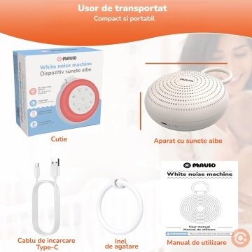 Resigilat - Dispozitiv Sunete Albe Portabil Mavio® pentru Bebelusi si Adulti, 24 Sunete Relaxante, 2 Functii Inregistrare, Bluetooth, 7 Culori Ambientale, Baterie Reincarcabila 2000 mAh, Difuzor 3W, Temporizator 30/60/90 min, Lumina de Noapte, Alb - Img 6