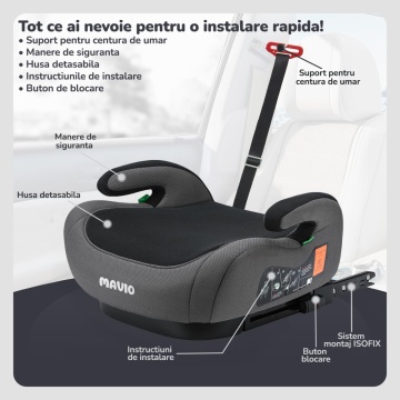 Resigilat - Inaltator Auto pentru Bebelusi si Copii Mavio®, Model RideUp Plus, ISOFIX, Certificat R129, i-Size, Cotiere, 125-150cm, Gri Inchis - Img 2