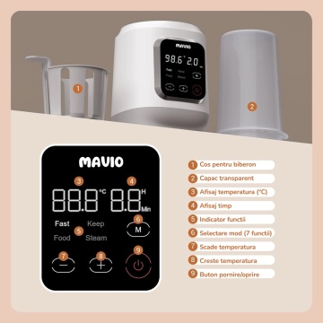 Resigilat - Incalzitor Biberon Mavio® pentru Bebelusi, 7in1, Functii: Incalzire Mancare, Dezghetare Rapida, Sterilizare, Pastrare la Cald 24 Ore, 35 - 60°C, 400W, Control Touch, Fara BPA, Alb - Img 5