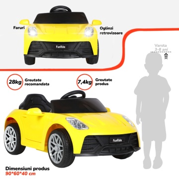 Resigilat - Masinuta Electrica Mavio®, Model FunRide, Copii 3 - 8 Ani, Telecomanda, Viteza 5km/h, Doua Motoare, Faruri, Cauciucuri EVA, Oglinzi, Galben - Img 4